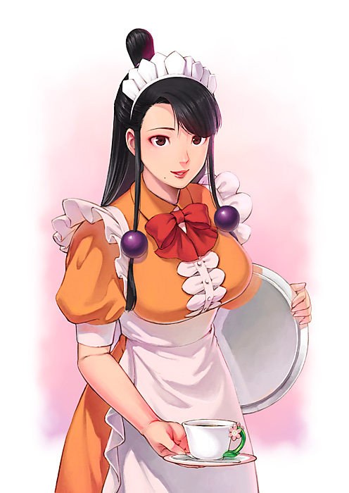 1girl apron ayasato_chihiro black_hair breasts commentary_request gyakuten_saiban long_hair looking_at_viewer magatama mole mole_under_mouth smile solo tamaki_g_(artist) tea waitress