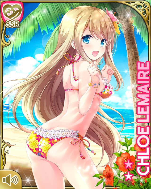 1girl arms_up ass beach bikini blonde_hair blue_eyes bracelet breasts character_name chloe_lemaire clenched_hands clouds floral_print flower from_behind girlfriend_(kari) hair_flower hair_ornament jewelry long_hair looking_back ocean official_art open_mouth outdoors palm_tree print_bikini qp:flapper shirt side-tie_bikini sideboob sky smile solo swimsuit thighs tree white_shirt