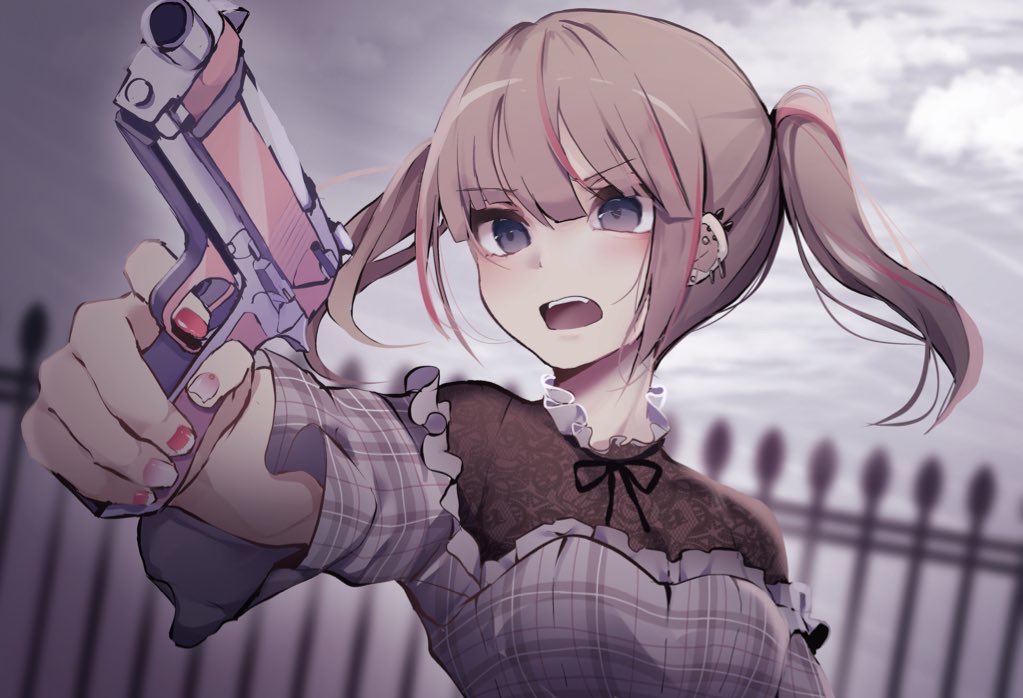 1girl bangs black_ribbon blurry blurry_background blush breasts brown_hair clouds cloudy_sky commentary_request depth_of_field dress ear_piercing earrings eyebrows_visible_through_hair fence finger_on_trigger fingernails grey_dress grey_eyes gun hair_between_eyes handgun holding holding_gun holding_weapon jewelry multicolored multicolored_hair multicolored_nails nail_polish neck_ribbon open_mouth original outdoors piercing pink_nails pistol plaid plaid_dress red_nails redhead ribbon short_sleeves sky small_breasts solo streaked_hair stud_earrings tsuruse twintails upper_body upper_teeth v-shaped_eyebrows weapon