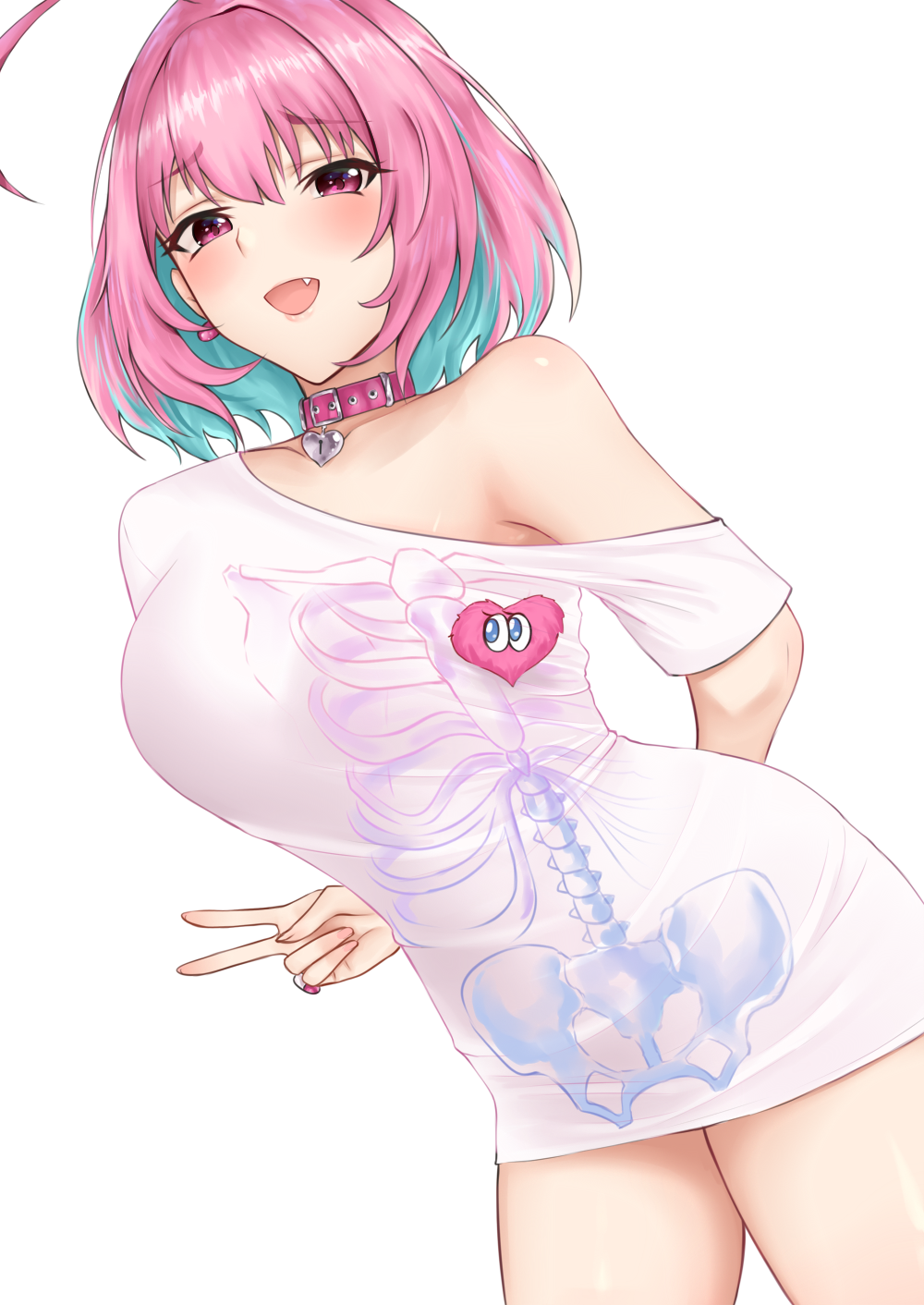 1girl ahoge arm_behind_back bangs blue_hair blush breasts collar crimecrime fang hair_between_eyes heart-shaped_lock highres idolmaster idolmaster_cinderella_girls large_breasts looking_at_viewer multicolored_hair off-shoulder_shirt off_shoulder open_mouth pill_earrings pink_collar pink_eyes pink_hair shirt short_hair short_sleeves simple_background skeleton_print smile solo t-shirt thighs two-tone_hair v white_background white_shirt yumemi_riamu