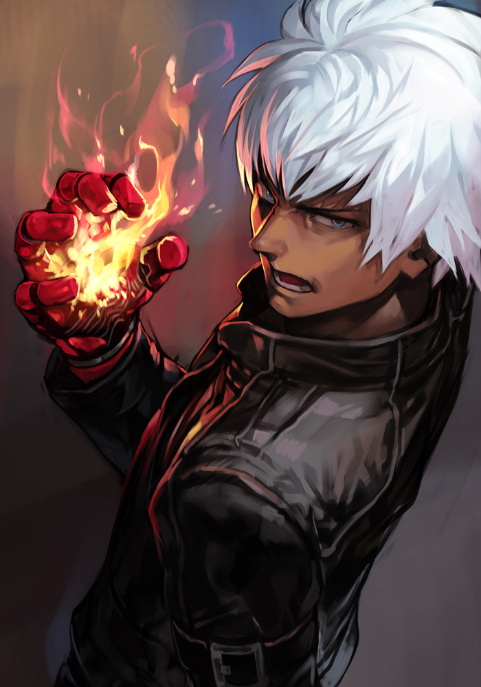 1boy black_jacket blue_eyes dark_skin dark_skinned_male fire gauntlets hand_up hankuri jacket k' open_mouth pyrokinesis short_hair simple_background snk solo the_king_of_fighters the_king_of_fighters_xiv upper_body v-shaped_eyebrows white_hair