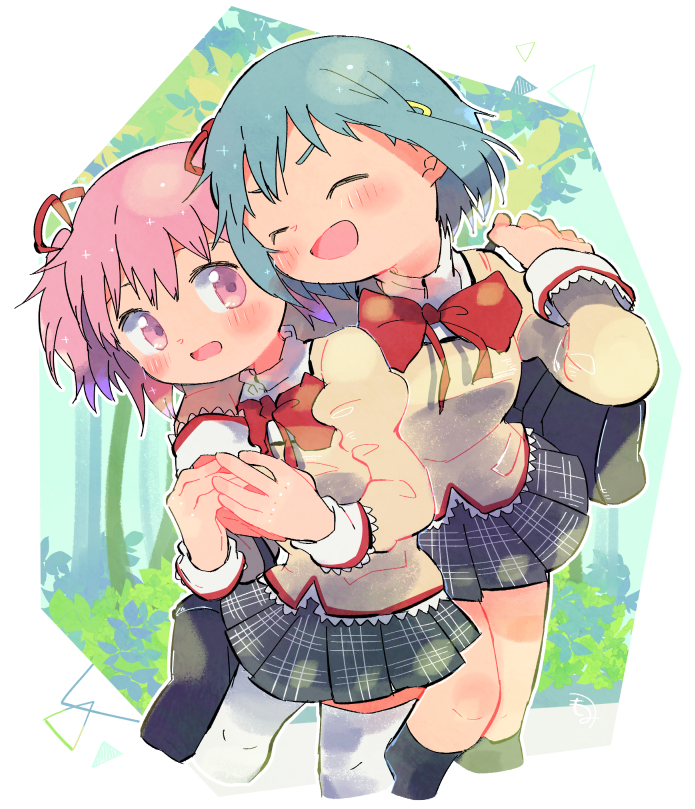 2girls arm_around_shoulder bag black_legwear black_skirt blue_hair blush blush_stickers carrying carrying_over_shoulder cheek-to-cheek closed_eyes dot_nose feet_out_of_frame floating_hair hair_ornament hair_ribbon hairclip hug hug_from_behind juliet_sleeves kaname_madoka kirikuchi_riku long_sleeves looking_at_another mahou_shoujo_madoka_magica miki_sayaka mitakihara_school_uniform multiple_girls neck_ribbon open_mouth parted_lips pink_eyes pink_hair plaid plaid_skirt pleated_skirt puffy_sleeves red_ribbon ribbon school_bag school_uniform short_hair short_twintails skirt standing thigh-highs twintails uniform white_legwear