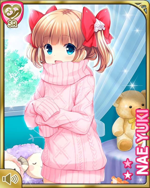 1girl blue_eyes bow brown_hair character_name girlfriend_(kari) hair_bow hands_together indoors long_hair no_pants official_art open_mouth pink_sweater qp:flapper ribbon sleeves_past_wrists smile solo stuffed_animal stuffed_toy sweater teddy_bear turtleneck turtleneck_sweater two_side_up window yuuki_nae