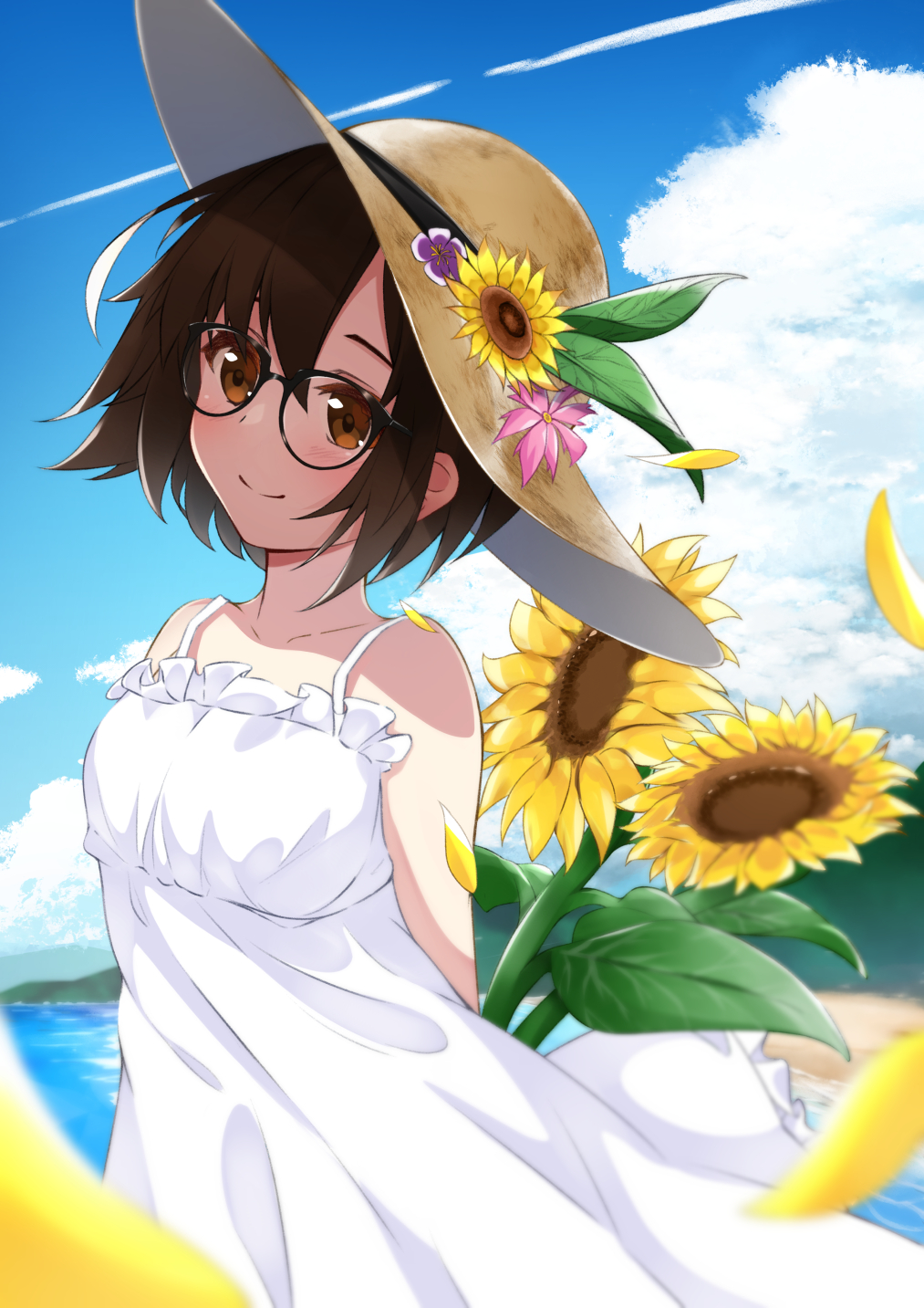 1girl akitsuki_hiroya arms_behind_back black-framed_eyewear brown_eyes brown_hair clouds day dress flower glasses hat hat_flower highres looking_at_viewer original outdoors short_hair smile solo sun_hat sunflower white_dress