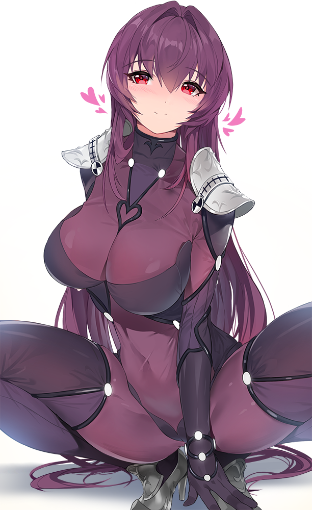 1girl bangs blush bodysuit breasts closed_mouth covered_navel damda fate/grand_order fate_(series) hair_between_eyes hair_intakes heart high_heels large_breasts long_hair looking_at_viewer pauldrons purple_bodysuit purple_hair red_eyes scathach_(fate)_(all) scathach_(fate/grand_order) shoulder_armor simple_background smile solo squatting thighs white_background