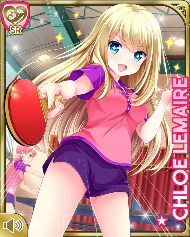3girls ball blonde_hair blue_eyes breasts character_name chloe_lemaire girlfriend_(kari) indoors long_hair multiple_girls official_art open_mouth outstretched_arm paddle pink_shirt purple_shorts qp:flapper shirt short_shorts short_sleeves shorts smile sparkle table_tennis table_tennis_ball table_tennis_net table_tennis_paddle