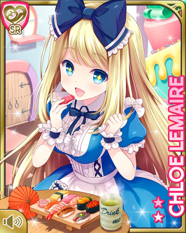 1girl alice_(wonderland) alice_(wonderland)_(cosplay) alice_in_wonderland apron blonde_hair blue_dress blue_eyes bow breasts character_name checkered checkered_floor chloe_lemaire cosplay cup door dress eating food girlfriend_(kari) hair_bow long_hair official_art open_mouth qp:flapper ribbon smile solo sparkle sushi table tea teacup waist_apron white_apron wrist_cuffs