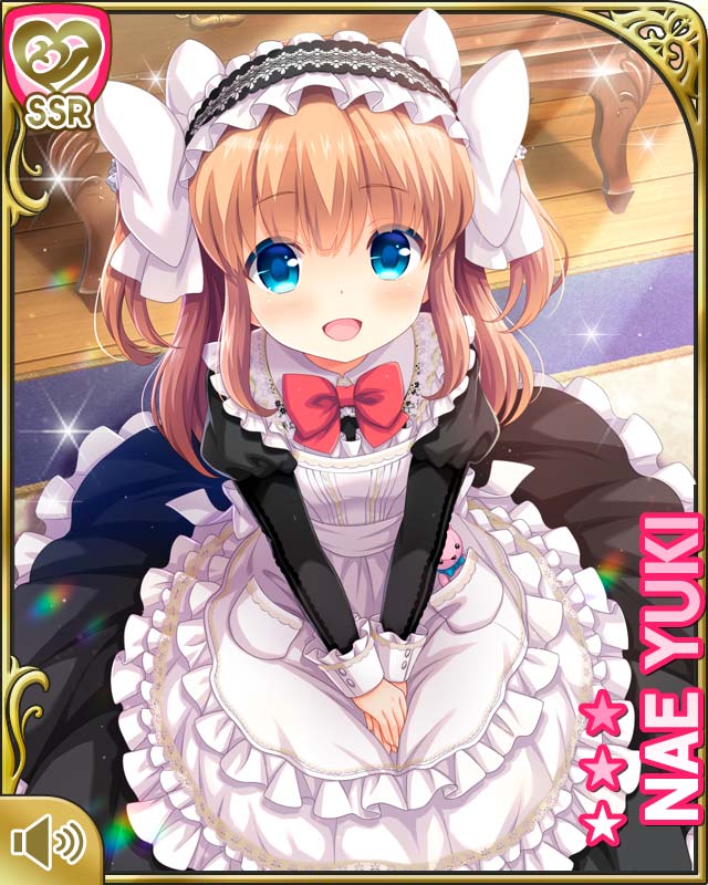 1girl apron black_dress blue_eyes bow brown_hair character_name dress girlfriend_(kari) hair_bow hairband hands_together lolita_hairband long_hair maid maid_headdress official_art open_mouth qp:flapper ribbon sitting smile solo two_side_up v_arms white_apron yuuki_nae