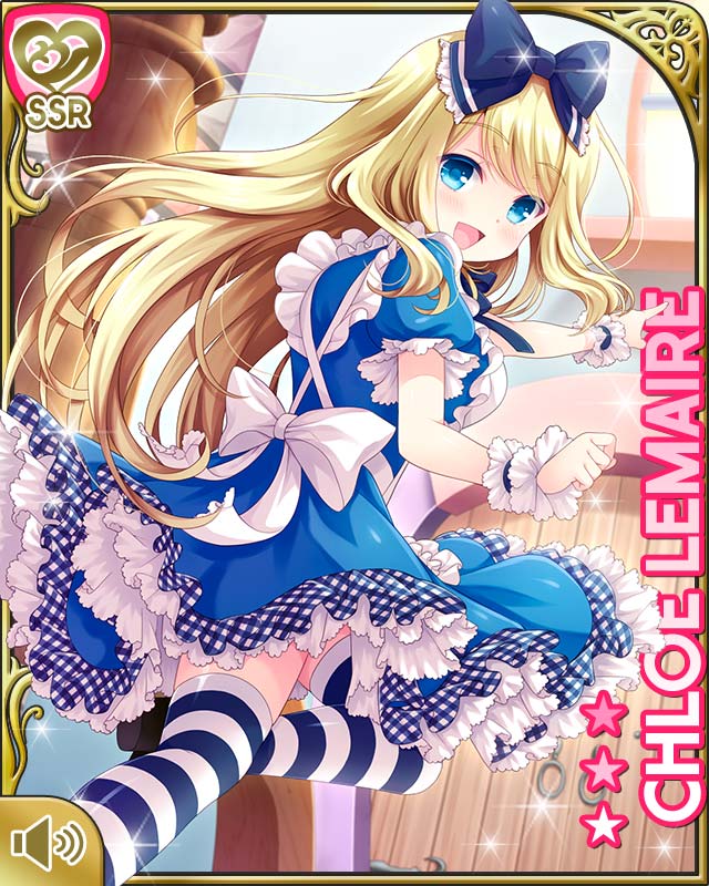 1girl alice_(wonderland) alice_(wonderland)_(cosplay) alice_in_wonderland apron arm_up blonde_hair blue_dress blue_eyes bow character_name chloe_lemaire cosplay door dress from_behind girlfriend_(kari) hair_bow long_hair looking_back official_art open_mouth pointing qp:flapper ribbon running smile solo striped striped_legwear thigh-highs white_apron wrist_cuffs