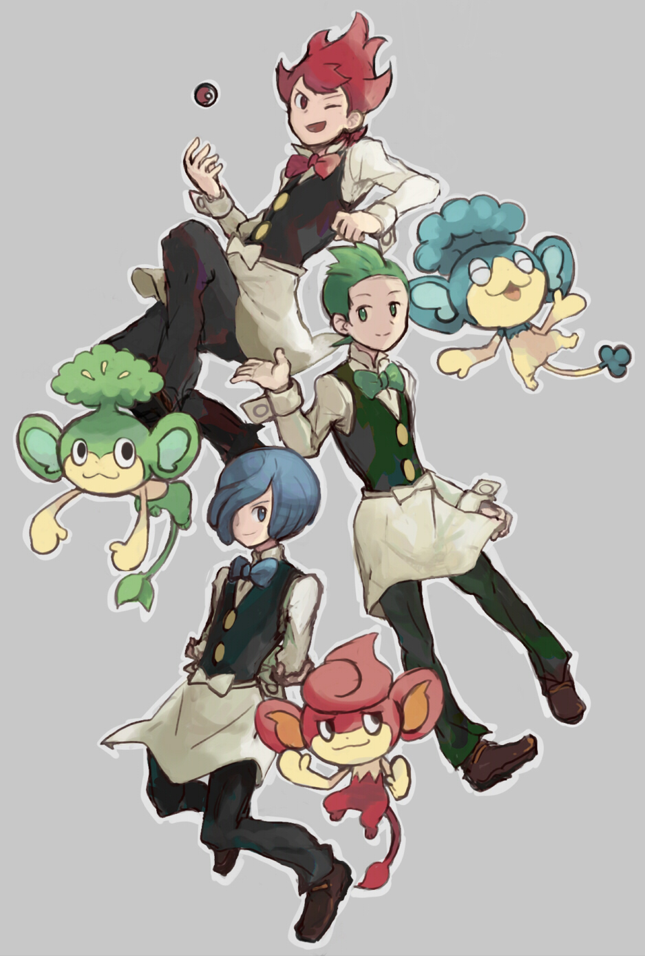 3boys :3 apron black_eyes black_pants blue_eyes blue_hair brown_eyes corn_(pokemon) creature ddbb dent_(pokemon) full_body gen_5_pokemon green_eyes green_hair grey_background gym_leader highres looking_at_viewer male_focus monkey multiple_boys one_eye_closed panpour pansage pansear pants pod_(pokemon) poke_ball poke_ball_(generic) pokemon pokemon_(creature) pokemon_(game) pokemon_bw redhead shoes spiky_hair triplets