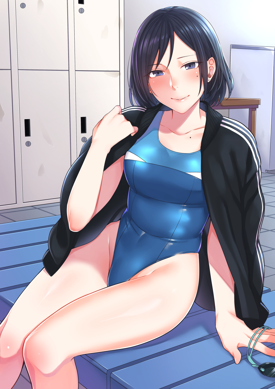 1girl arm_support bangs bench black_hair blue_eyes blue_swimsuit blush breasts collarbone competition_swimsuit earrings goggles goggles_removed groin hand_up highleg highleg_swimsuit highres indoors jacket jacket_on_shoulders jewelry knees_together_feet_apart kyuuso_inukami lips locker locker_room looking_at_viewer mole mole_under_eye one-piece_swimsuit open_clothes open_jacket original parted_bangs shiny shiny_clothes short_hair sitting smile solo stud_earrings swimsuit swimsuit_under_clothes tile_floor tiles track_jacket