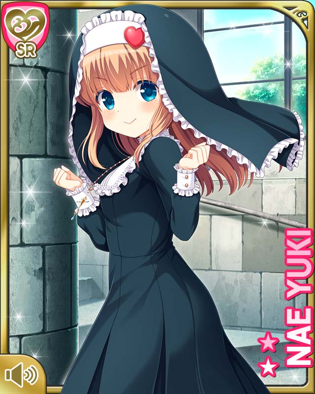 1girl arms_up black_dress blue_eyes brown_hair character_name clenched_hands dress from_side girlfriend_(kari) habit hair_ornament heart heart_hair_ornament indoors jewelry long_hair looking_back necklace official_art qp:flapper smile solo stairs window yuuki_nae