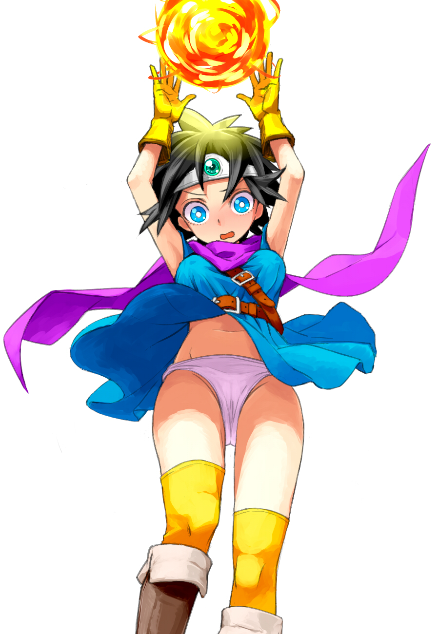 1girl betuni black_hair blue_eyes boots breasts cape circlet commentary_request dragon_quest dragon_quest_iii fireball gloves groin highres looking_at_viewer magic open_mouth panties roto short_hair simple_background solo thigh-highs underwear white_background