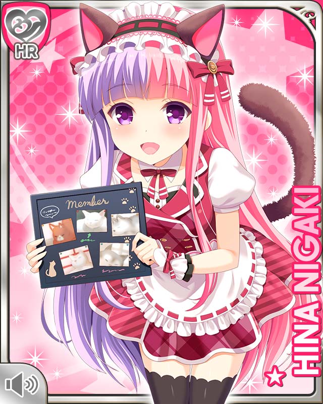 1girl animal_ears apron black_legwear cat_ears cat_tail character_name dress fake_animal_ears girlfriend_(kari) hairband holding leaning_forward lolita_hairband long_hair multicolored_hair niigaki_hina official_art open_mouth photo_(object) pink_hair plaid plaid_dress purple_hair qp:flapper red_dress shirt short_sleeves smile solo tail thigh-highs two-tone_hair violet_eyes waist_apron waitress white_apron white_shirt wrist_cuffs