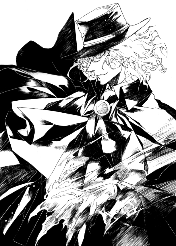 1boy burning_hand capelet edmond_dantes_(fate/grand_order) fate/grand_order fate_(series) gloves greyscale hat hat_over_eyes male_focus misamisa21 monochrome solo victorian wavy_hair