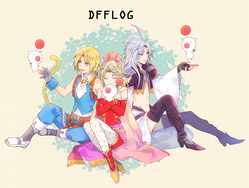 1girl bare_shoulders blonde_hair blue_eyes breasts brothers cape closed_mouth commentary_request detached_sleeves dissidia_final_fantasy dress elbow_gloves final_fantasy final_fantasy_vi gloves jewelry kuja long_hair moogle multiple_boys ponytail ribbon siblings smile tail tina_branford zidane_tribal