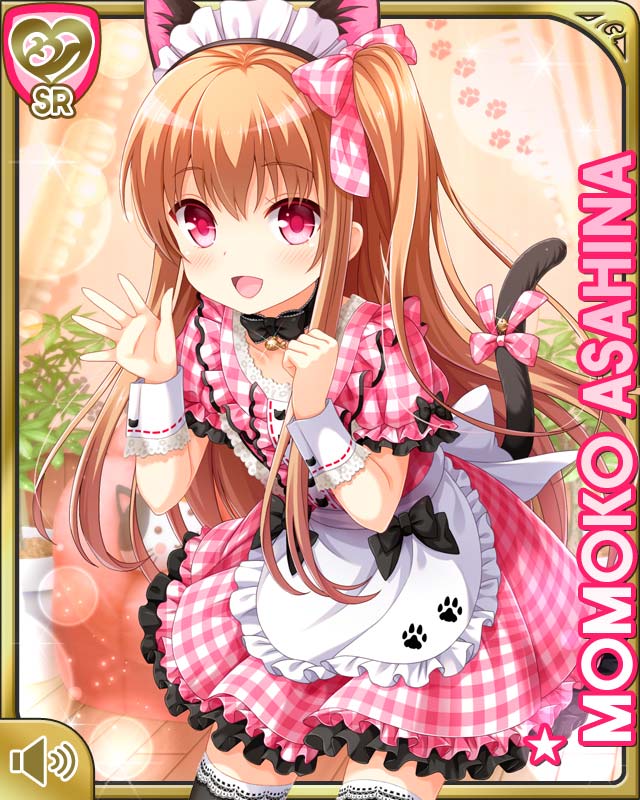 1girl animal_ears apron asahina_momoko bell black_legwear brown_hair cat_ears cat_tail character_name choker dress fake_animal_ears girlfriend_(kari) jingle_bell long_hair maid_headdress neck_ribbon official_art open_mouth pink_dress plaid plaid_dress qp:flapper red_eyes ribbon smile solo tail thigh-highs waist_apron waitress waving white_apron wrist_cuffs