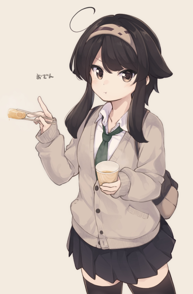 1girl :t ahoge backpack bag bangs black_hair black_legwear black_skirt blush brown_background brown_cardigan brown_eyes brown_hairband cardigan chopsticks closed_mouth collared_shirt commentary_request cup disposable_cup dress_shirt eating eyebrows_visible_through_hair food green_neckwear hairband holding holding_chopsticks holding_cup long_hair long_sleeves looking_at_viewer natsuki_teru necktie original pleated_skirt school_uniform shikibe_ayaka shirt sidelocks simple_background skirt sleeves_past_wrists solo thigh-highs translation_request v-shaped_eyebrows white_shirt