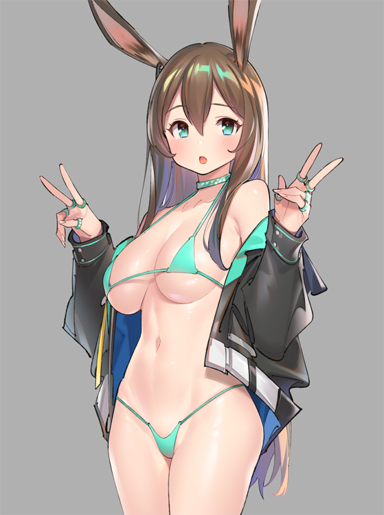 1girl :o amiya_(arknights) animal_ears aqua_eyes aqua_panties arknights bare_shoulders black_jacket breasts brown_hair choker cowboy_shot double_v grey_background halter_top halterneck jacket jewelry large_breasts long_hair looking_at_viewer navel no_pants off_shoulder open_mouth panties pop_kyun rabbit_ears ring simple_background solo underwear v very_long_hair