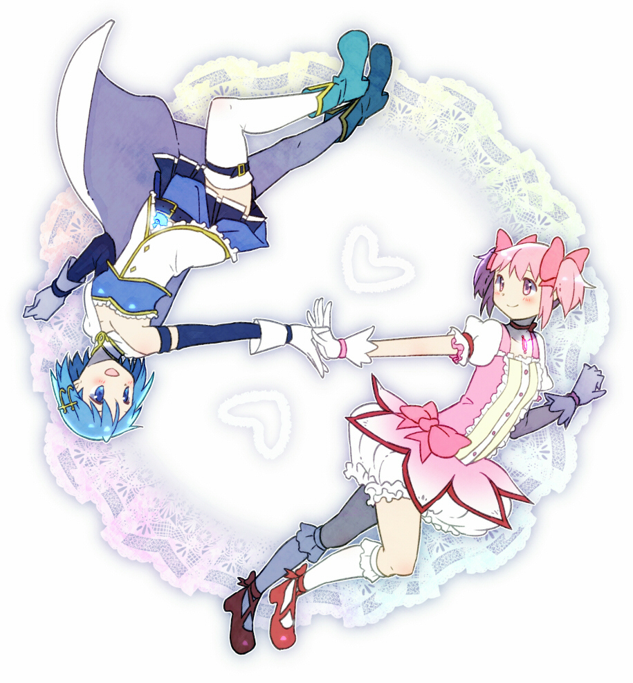 2girls :d belt blue_eyes blue_footwear blue_hair blue_skirt blush boots bubble_skirt cape choker circle collarbone detached_sleeves dot_nose flat_chest fortissimo fortissimo_hair_ornament frilled_skirt frills full_body gloves hair_ornament hair_ribbon hairclip hand_up hands_together happy heart heart_background kaname_madoka kirikuchi_riku leg_up looking_at_another mahou_shoujo_madoka_magica miki_sayaka multiple_girls open_mouth outstretched_arm pink_eyes pink_hair pink_ribbon puffy_short_sleeves puffy_sleeves red_footwear ribbon short_hair short_sleeves short_twintails sidelocks simple_background skirt smile socks soul_gem strapless thigh-highs twintails upside-down white_background white_cape white_legwear white_skirt