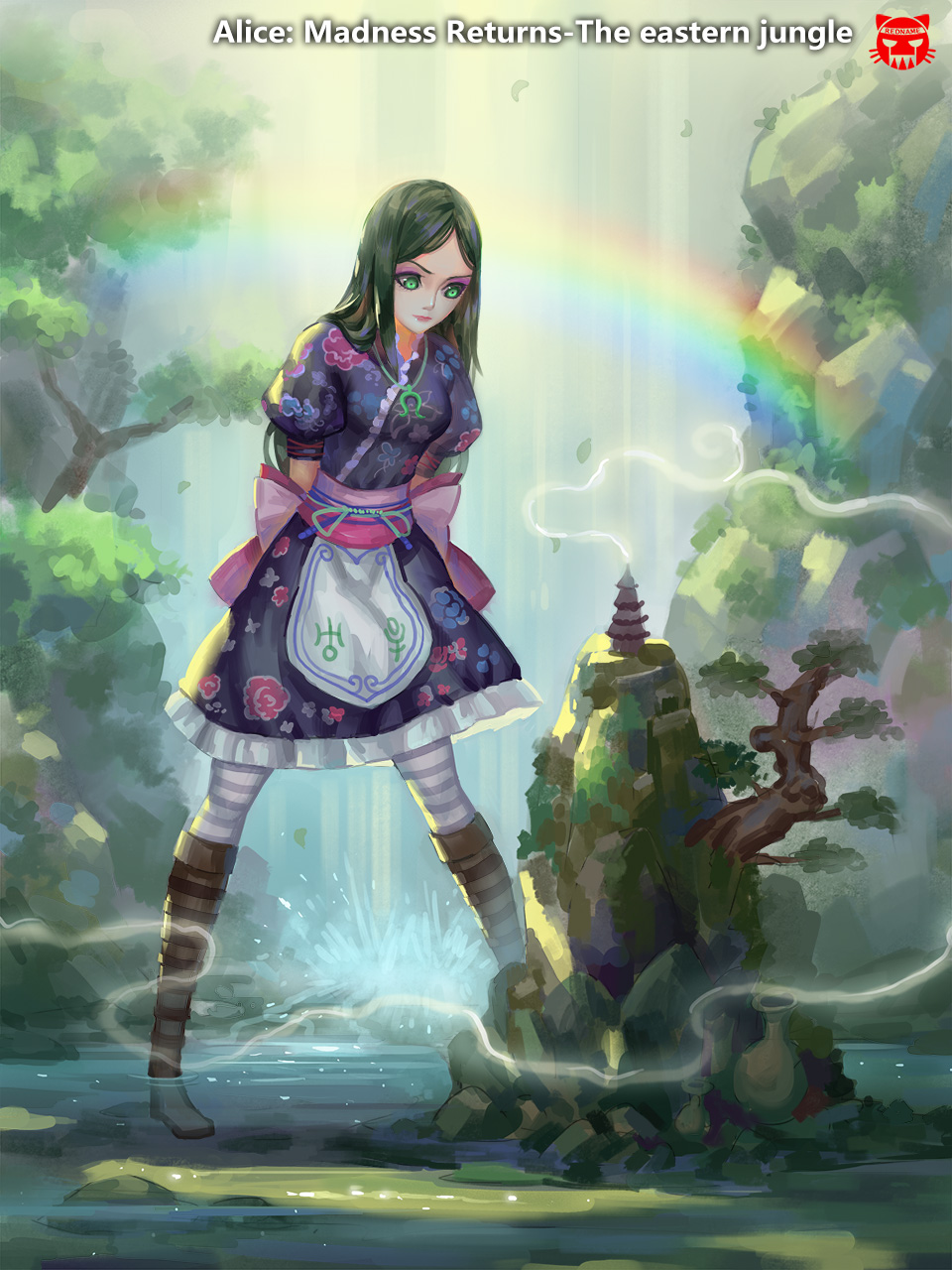 1girl alice:_madness_returns alice_(wonderland) alice_in_wonderland american_mcgee's_alice apron black_hair breasts closed_mouth commentary dress green_eyes highres jupiter_symbol lolita_fashion long_hair pantyhose rainbow shui_qian_he_kafei solo striped striped_legwear