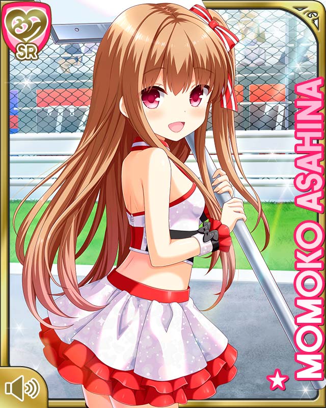1girl asahina_momoko bare_shoulders breasts brown_hair chain-link_fence character_name fence from_side girlfriend_(kari) halterneck holding long_hair midriff miniskirt official_art open_mouth outdoors qp:flapper racequeen red_eyes ribbon shirt side_ponytail sign skirt small_breasts smile solo white_shirt white_skirt wrist_cuffs