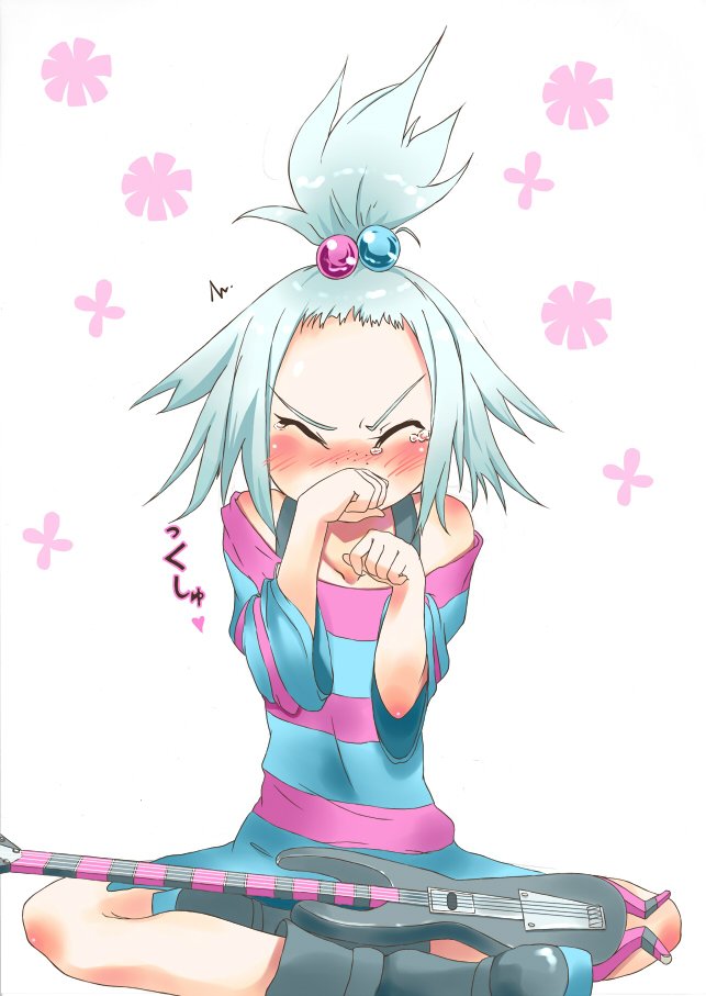 1girl 5t bass_guitar blush closed_eyes dress forehead freckles hair_bobbles hair_ornament homika_(pokemon) instrument petals pokemon pokemon_(game) pokemon_bw2 sitting sneezing solo striped striped_dress white_hair