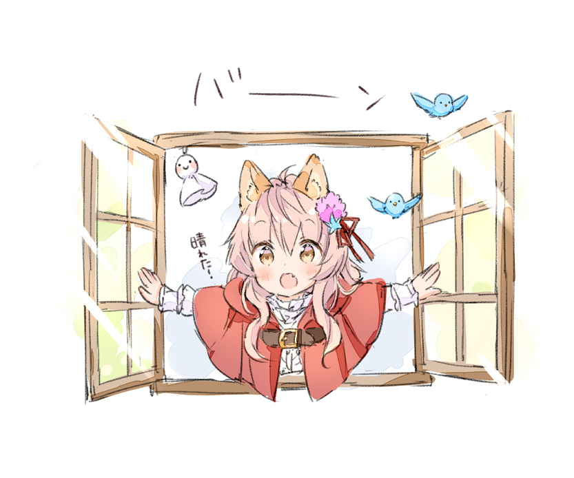 1girl :d ahoge animal animal_ear_fluff animal_ears bird blue_flower bluebird blush brown_eyes capelet center_frills commentary_request fang flower frills hair_flower hair_ornament hair_ribbon hood hood_down hooded_capelet long_hair long_sleeves open_mouth open_window original outstretched_arms pink_flower pink_hair red_capelet red_ribbon ribbon shirt simple_background sleeves_past_wrists smile solo spread_arms sunlight teruterubouzu translation_request upper_body wataame27 white_background white_shirt window wolf-chan_(wataame27) wolf_ears