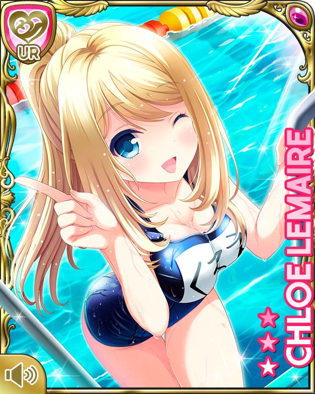 1girl arm_up blonde_hair blue_eyes breasts character_name chloe_lemaire climbing from_above girlfriend_(kari) index_finger_raised leaning_forward long_hair looking_up official_art one-piece_swimsuit one_eye_closed open_mouth ponytail pool poolside qp:flapper school_swimsuit smile solo swimsuit wet wet_clothes wet_swimsuit