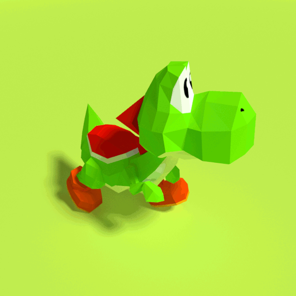 3d animated animated_gif black_eyes brown_footwear commentary cortoony english_commentary full_body green_background green_theme super_mario_bros. no_humans saddle shoes simple_background solo super_mario_64 walking yoshi