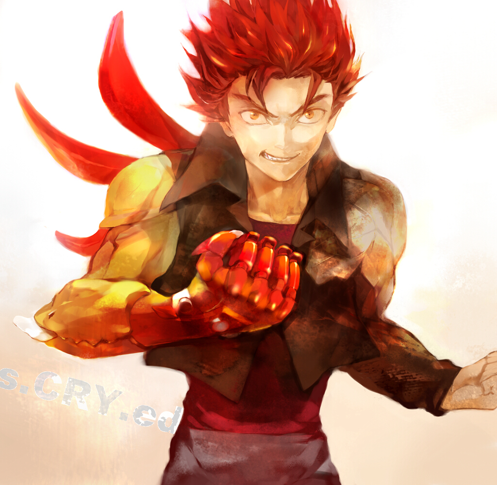 1boy brown_eyes commentary_request goshi grin jacket kazuma_(scryed) looking_at_viewer male_focus open_mouth power_fist redhead scryed shirt simple_background smile solo