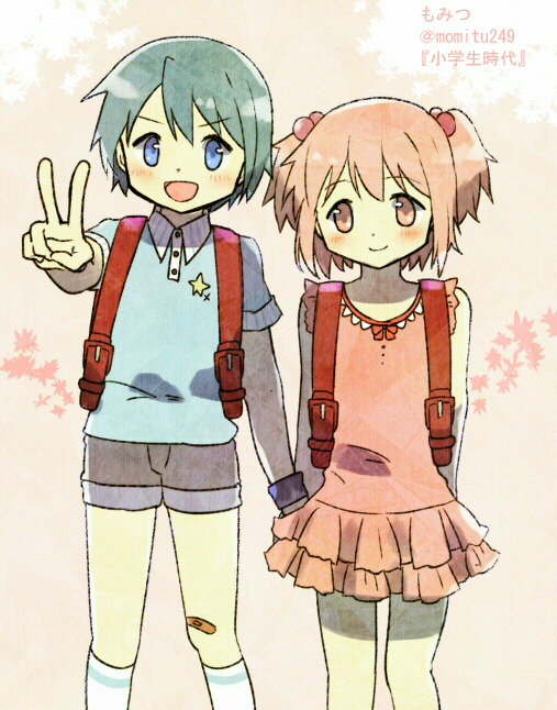 2girls :d arms_at_sides backpack bag bandaid bandaid_on_knee bare_arms bare_shoulders blue_eyes blue_hair blue_shirt blush child collared_shirt cute denim denim_shorts dot_nose dress dress_shirt eyebrows_visible_through_hair feet_out_of_frame frilled_dress frills hair_between_eyes hair_bobbles hair_ornament hands_together happy height_difference hobunsha holding_hands kaname_madoka kirikuchi_riku kneehighs leaf leaf_background legs_apart legs_together looking_at_viewer mahou_shoujo_madoka_magica miki_sayaka multiple_girls neck_ribbon open_mouth pink_background pink_dress pink_eyes pink_hair red_backpack red_ribbon ribbon shaft_(studio) shirt short_dress short_hair short_sleeves short_twintails shorts side-by-side simple_background sleeveless sleeveless_dress smile socks standing star striped tomboy translation_request twintails twitter_username v v-shaped_eyebrows very_short_hair white_background white_legwear wristband younger