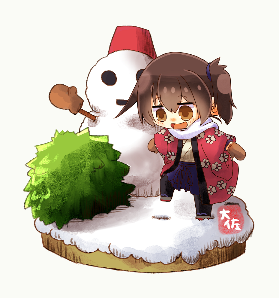 1girl artist_name black_legwear blue_hakama brown_eyes brown_hair bush chibi commentary_request full_body hakama hakama_skirt hanten_(clothes) isometric japanese_clothes kaga_(kantai_collection) kantai_collection long_hair pantyhose paw_print side_ponytail simple_background smile snow snowman solo standing taisa_(kari) tasuki white_background