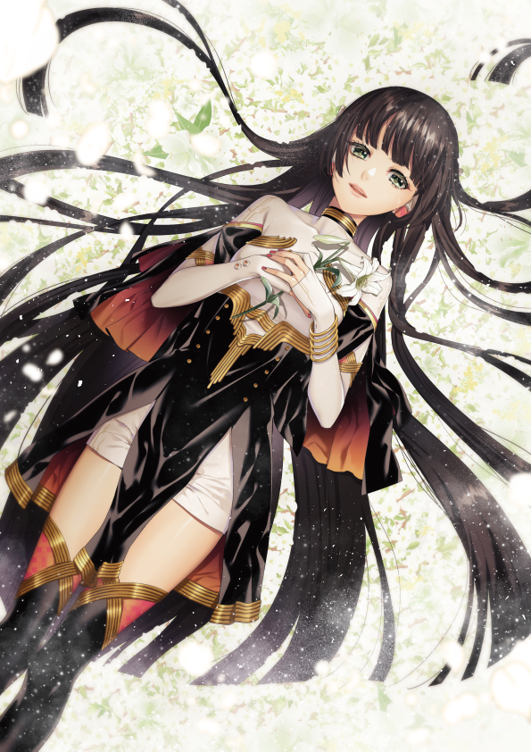 1girl :d bangs brown_hair floating_hair flower from_above green_eyes holding holding_flower lily_(flower) long_hair long_sleeves looking_at_viewer lying nail_polish on_back open_mouth original petals pink_nails shiny shiny_hair short_shorts shorts smile solo suzunosuke_(sagula) thigh-highs very_long_hair white_background white_flower white_shorts