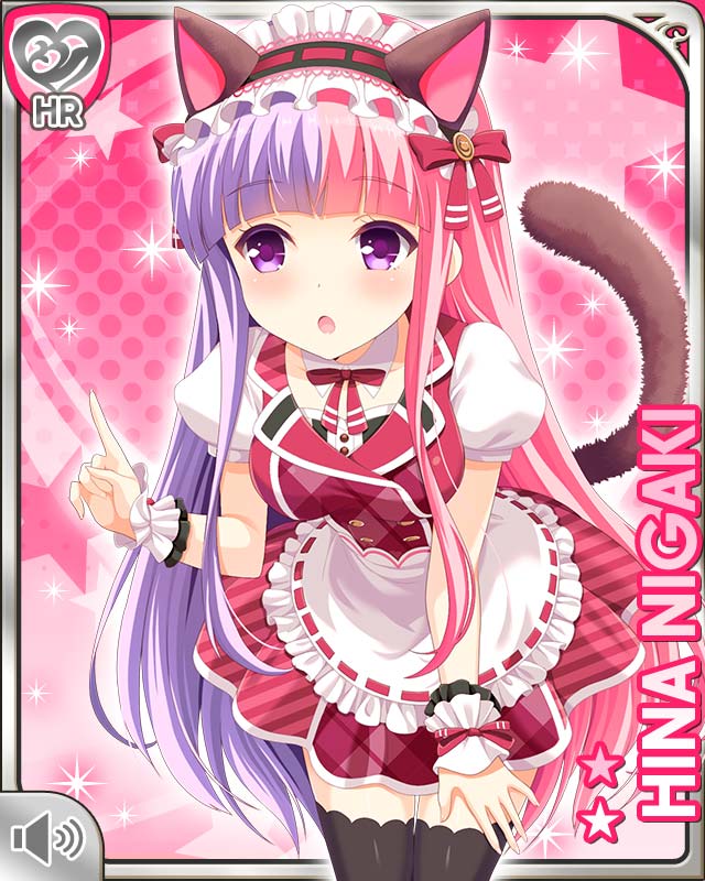 1girl animal_ears apron arm_up black_legwear breasts cat_ears cat_tail character_name dress fake_animal_ears girlfriend_(kari) hairband hand_on_own_thigh index_finger_raised leaning_forward lolita_hairband long_hair multicolored_hair niigaki_hina official_art open_mouth pink_hair plaid plaid_dress purple_hair qp:flapper red_dress shirt short_sleeves solo tail thigh-highs two-tone_hair violet_eyes waist_apron waitress white_apron white_shirt wrist_cuffs