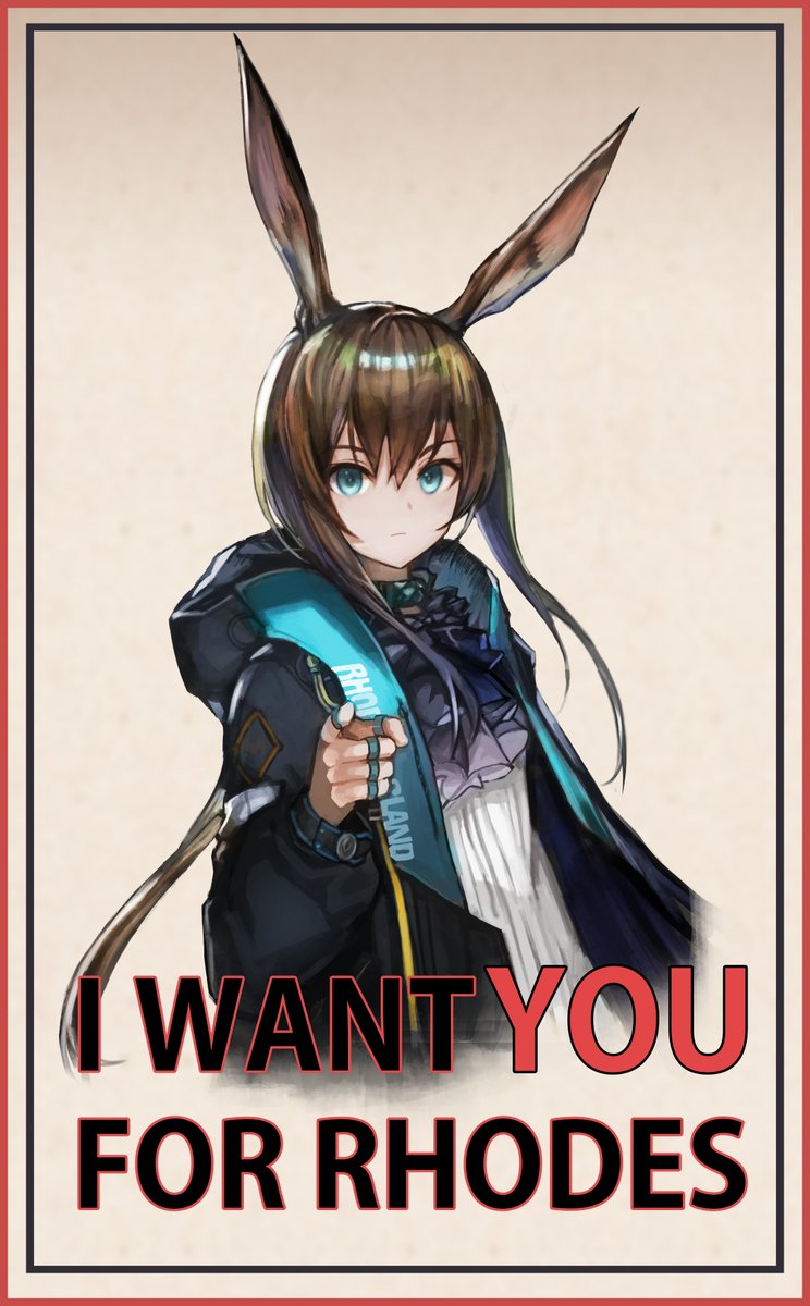 1girl akira_(aristole) amiya_(arknights) animal_ears arknights bangs beige_background black_jacket blue_eyes border brown_hair commentary english_text hair_between_eyes hand_up highres i_want_you jacket jewelry long_hair long_sleeves looking_at_viewer open_clothes open_jacket parody pointing pointing_at_viewer rabbit_ears ring shirt solo upper_body white_shirt