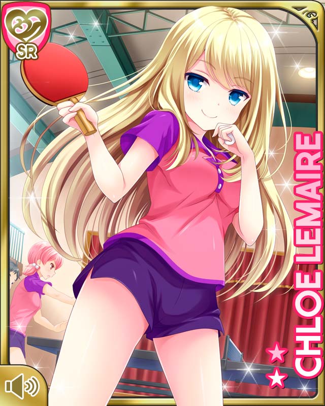 3girls arms_up ball blonde_hair blue_eyes breasts character_name chloe_lemaire girlfriend_(kari) hand_to_own_mouth indoors long_hair multiple_girls official_art paddle pink_shirt purple_shorts qp:flapper shirt short_shorts short_sleeves shorts smile sparkle table_tennis table_tennis_ball table_tennis_net table_tennis_paddle