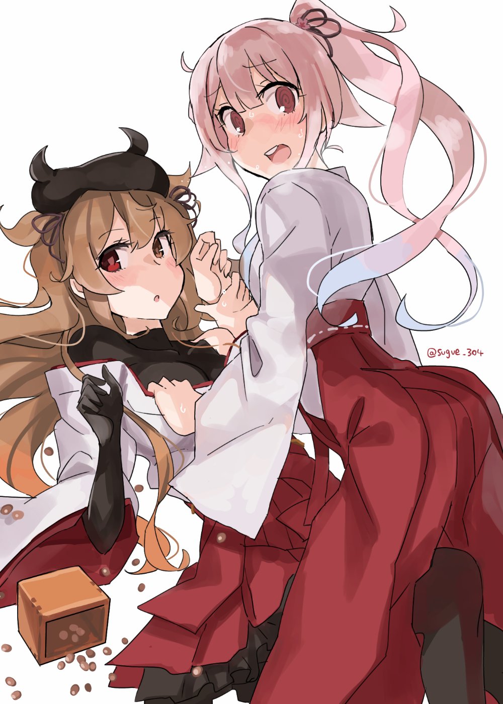 2girls :o alternate_costume bangs beans black_bodysuit black_headwear black_legwear blush bodysuit breasts brown_eyes commentary eyebrows_visible_through_hair gradient_hair hair_ribbon hakama harusame_(kantai_collection) hat heterochromia highres japanese_clothes kantai_collection light_brown_hair long_hair long_sleeves masu multicolored_hair multiple_girls murasame_(kantai_collection) off_shoulder open_mouth pink_hair ponytail red_eyes red_hakama remodel_(kantai_collection) ribbon setsubun side_ponytail simple_background sugue_tettou sweat two_side_up white_background wide_sleeves