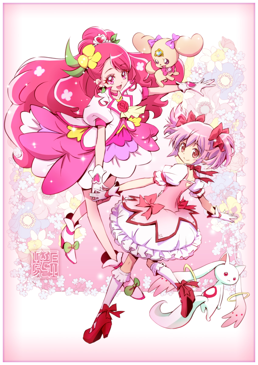 2girls :3 asymmetrical_bangs back_cutout bangs border bow bow_choker bowtie closed_mouth commentary_request cure_grace dog dress ear_ribbon floral_background flower flower_request frilled_dress frills full_body gloves gradient gradient_background hair_bow hair_flower hair_ornament healin'_good_precure heart heart_hair_ornament high_heels highres kamikita_futago kaname_madoka kneehighs kyubey latte_(precure) long_hair looking_at_viewer magical_girl mahou_shoujo_madoka_magica multiple_girls open_mouth pink_border pink_dress pink_eyes pink_footwear pink_hair precure puffy_short_sleeves puffy_sleeves red_eyes red_footwear seiyuu_connection shoe_bow shoes short_hair short_sleeves signature smile tiara twintails yuuki_aoi