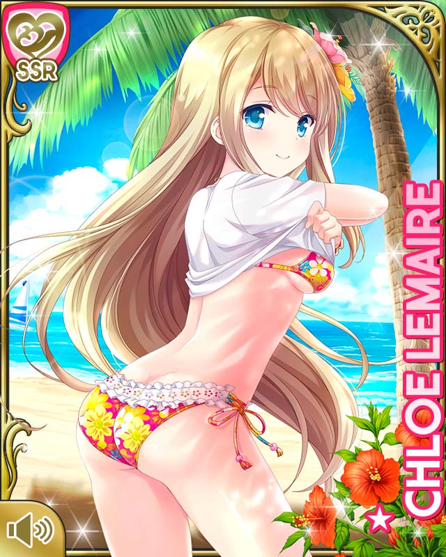 1girl ass beach bikini bikini_under_clothes blonde_hair blue_eyes breasts character_name chloe_lemaire clouds floral_print flower from_behind girlfriend_(kari) hair_flower hair_ornament lifted_by_self long_hair looking_back no_pants ocean official_art outdoors palm_tree print_bikini qp:flapper shirt shirt_lift short_sleeves side-tie_bikini sideboob sky smile solo swimsuit t-shirt thighs tree undressing white_shirt