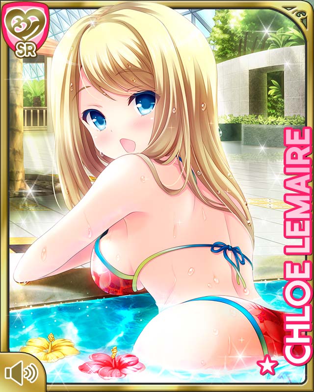 1girl ass bikini blonde_hair blue_eyes breast_rest breasts character_name chloe_lemaire from_behind girlfriend_(kari) long_hair looking_back official_art open_mouth partially_submerged pool poolside qp:flapper red_bikini sideboob solo swimsuit tree water wet