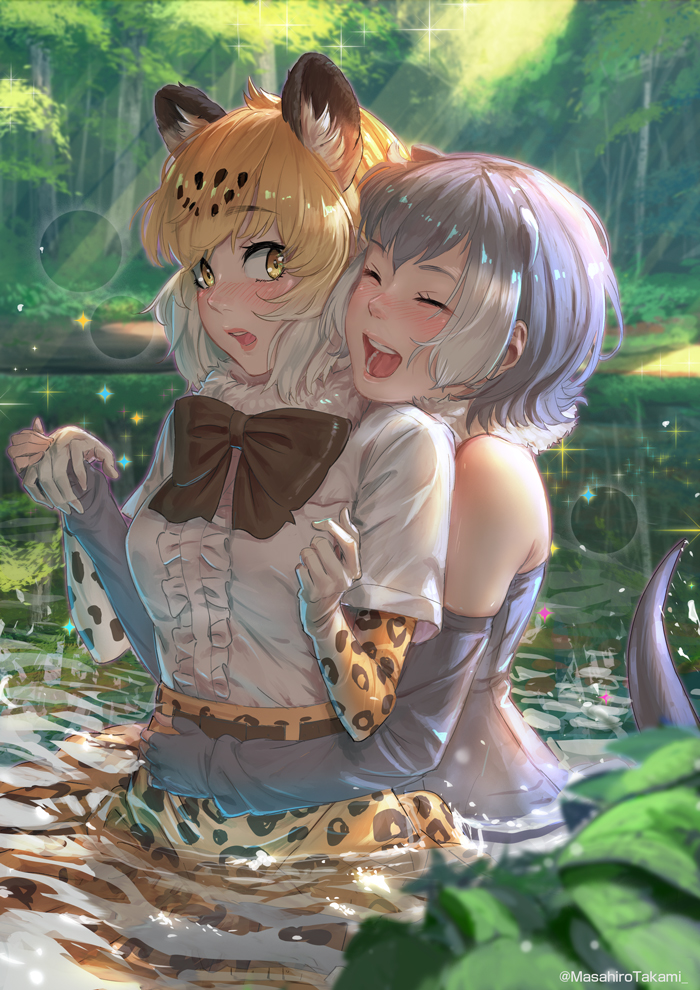 2girls animal_ear_fluff animal_ears animal_print arm_around_waist artist_name bangs behind_another belt black_hair blonde_hair blush bow bowtie closed_eyes commentary_request day elbow_gloves embarrassed extra_ears eyebrows_visible_through_hair fingerless_gloves fur_collar gloves grey_gloves grey_hair grey_swimsuit hand_up hands_up happy holding_hands hug hug_from_behind jaguar_(kemono_friends) jaguar_ears jaguar_print kemono_friends looking_at_another looking_back medium_hair multicolored_hair multiple_girls one-piece_swimsuit open_mouth otter_ears otter_tail outdoors print_gloves print_skirt shiny shiny_hair shirt short_hair short_sleeves sidelocks skirt small-clawed_otter_(kemono_friends) smile swimsuit tail takami_masahiro twitter_username two-tone_hair upper_body wading water wet wet_clothes wet_shirt white_hair yellow_eyes yuri