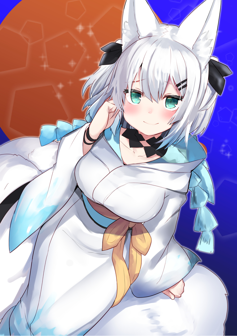 1girl alternate_costume animal_ears ars_almal blue_eyes blush collarbone fox_ears haik hair_ornament hairclip highres japanese_clothes kimono looking_at_viewer nijisanji short_hair solo virtual_youtuber white_hair