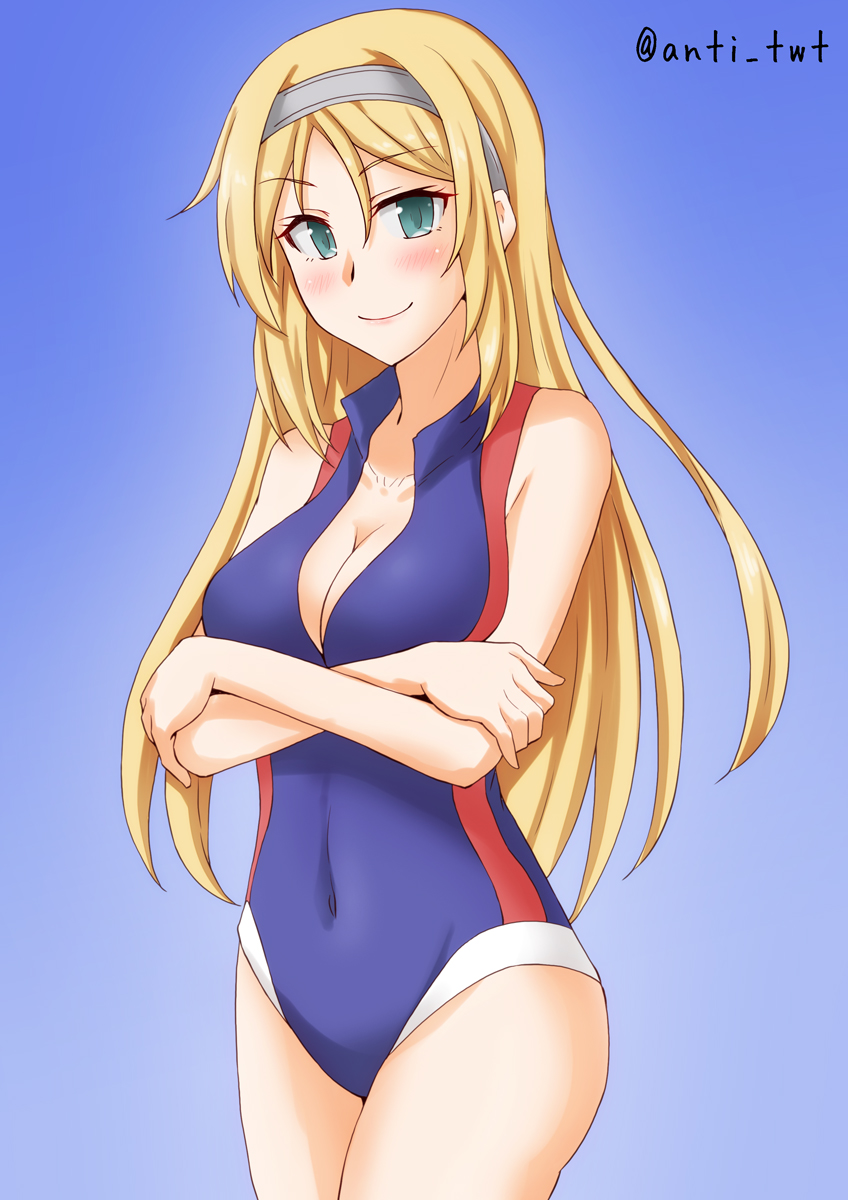 1girl anti_(untea9) blonde_hair blue_eyes blush breasts closed_mouth covered_navel eyebrows_visible_through_hair gradient gradient_background hair_between_eyes highres kantai_collection large_breasts long_hair looking_at_viewer nelson_(kantai_collection) one-piece_swimsuit smile solo swimsuit twitter_username