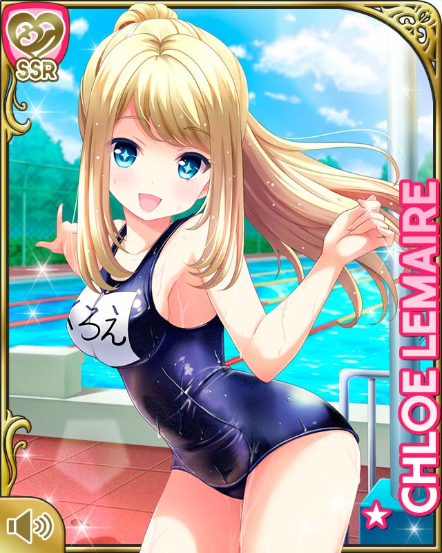 1girl blonde_hair blue_eyes breasts character_name chloe_lemaire clouds girlfriend_(kari) leaning_forward long_hair official_art one-piece_swimsuit open_mouth outdoors outstretched_arm pointing pool qp:flapper school_swimsuit sky smile solo swimsuit