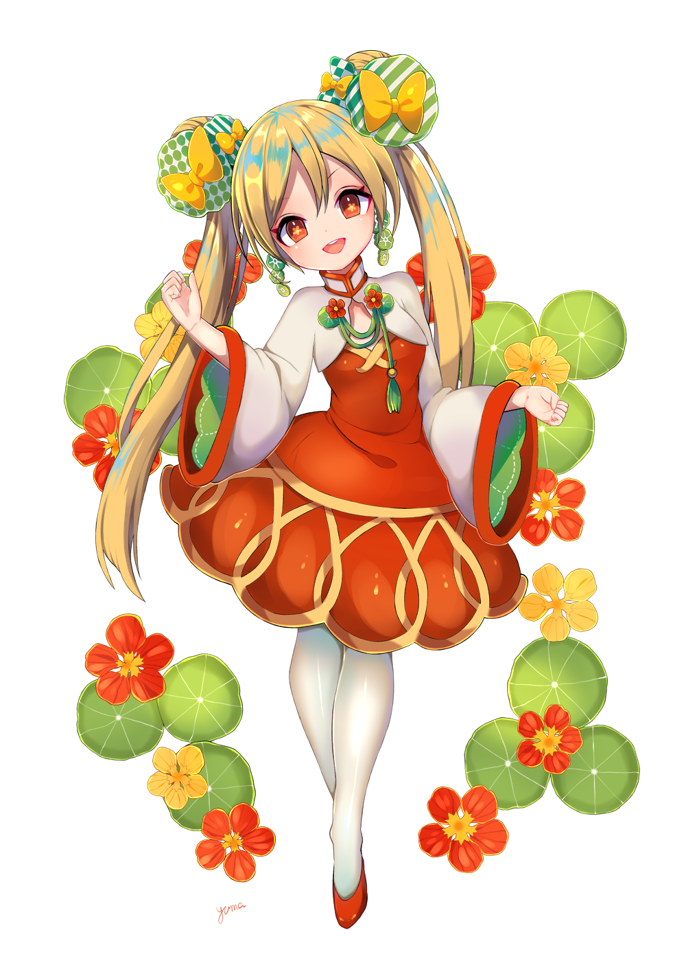 1girl :d artist_name blonde_hair bow double_bun dress earrings flower-shaped_pupils full_body highres jewelry long_hair long_sleeves looking_at_viewer open_mouth orange_bow original pantyhose red_dress red_eyes red_footwear round_teeth shoes simple_background smile solo symbol-shaped_pupils teeth turtleneck twintails very_long_hair white_background white_legwear wide_sleeves yuma_(pixiv38148735)