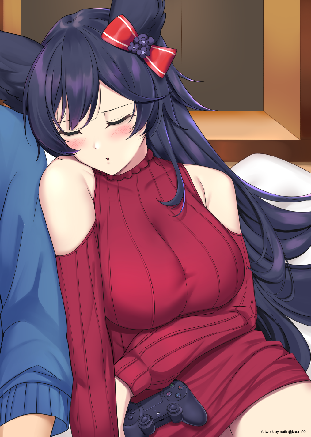1boy 1girl animal_ears artist_name bangs bare_shoulders black_hair blush bow breasts commentary erune granblue_fantasy hair_between_eyes hair_bow highres kauru00 large_breasts leaning_on_person long_hair nier_(granblue_fantasy) playstation_controller red_bow red_sweater sitting solo_focus sweater wireless