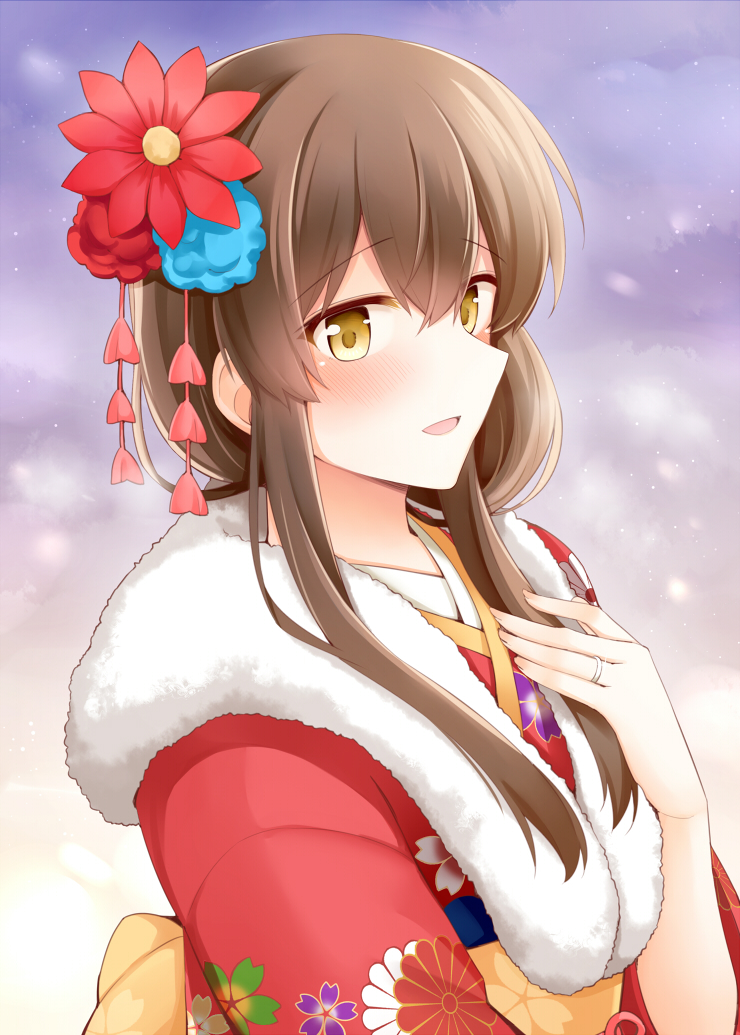 1girl :d akagi_(kantai_collection) blush brown_hair commentary_request eyebrows_visible_through_hair floral_print flower fur_trim hair_flower hair_ornament hand_on_own_chest japanese_clothes jewelry kantai_collection kimono long_hair looking_at_viewer muneate open_mouth red_kimono revision ring rui_shi_(rayze_ray) smile solo upper_body wedding_band