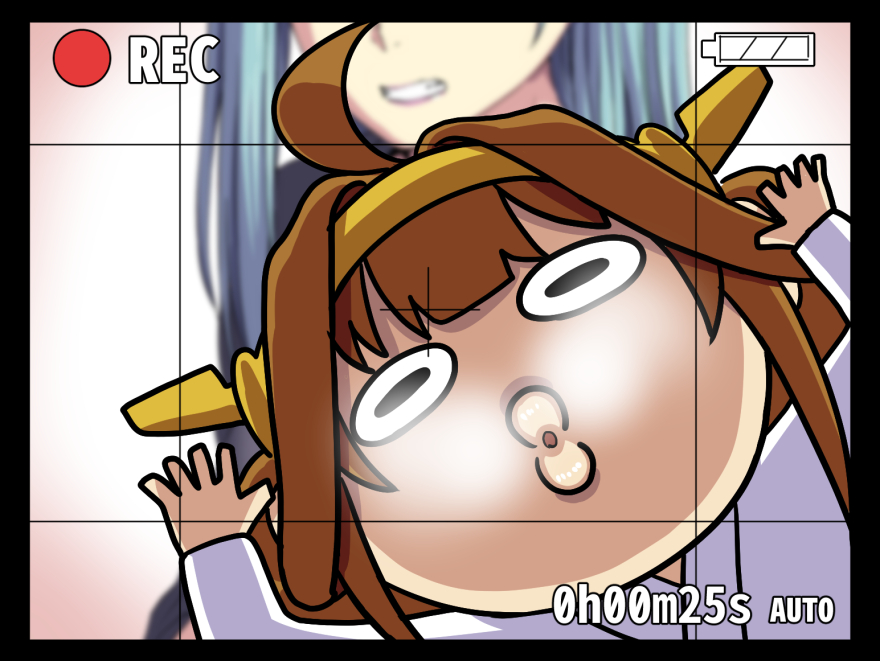 2girls ahoge angry battery_indicator black_border blue_hair blurry blurry_background border breath brown_hair chibi clenched_teeth crosshair depth_of_field grid head_out_of_frame headband ishii_hisao kantai_collection kongou_(kantai_collection) long_hair multiple_girls o3o o_o pink_background purple_sweater recording suzuya_(kantai_collection) sweater teeth timestamp