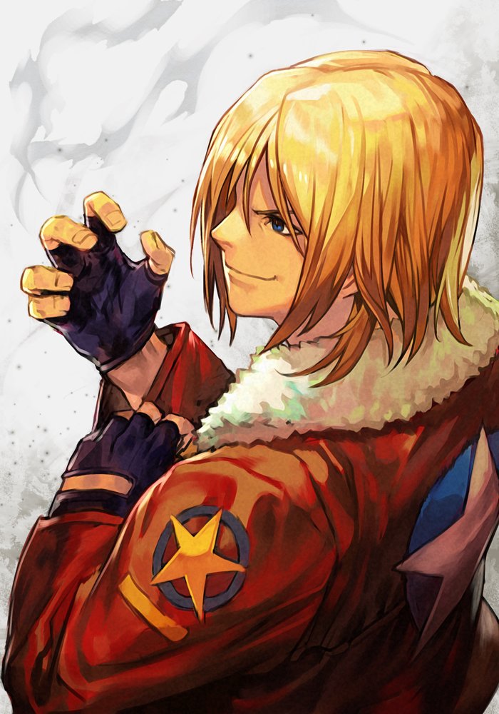 1boy blonde_hair blue_eyes closed_mouth fatal_fury fingerless_gloves gloves hankuri jacket mark_of_the_wolves simple_background smile solo terry_bogard the_king_of_fighters